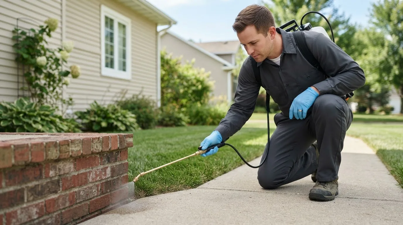 Pest control technician treating a home near New Concord, OH