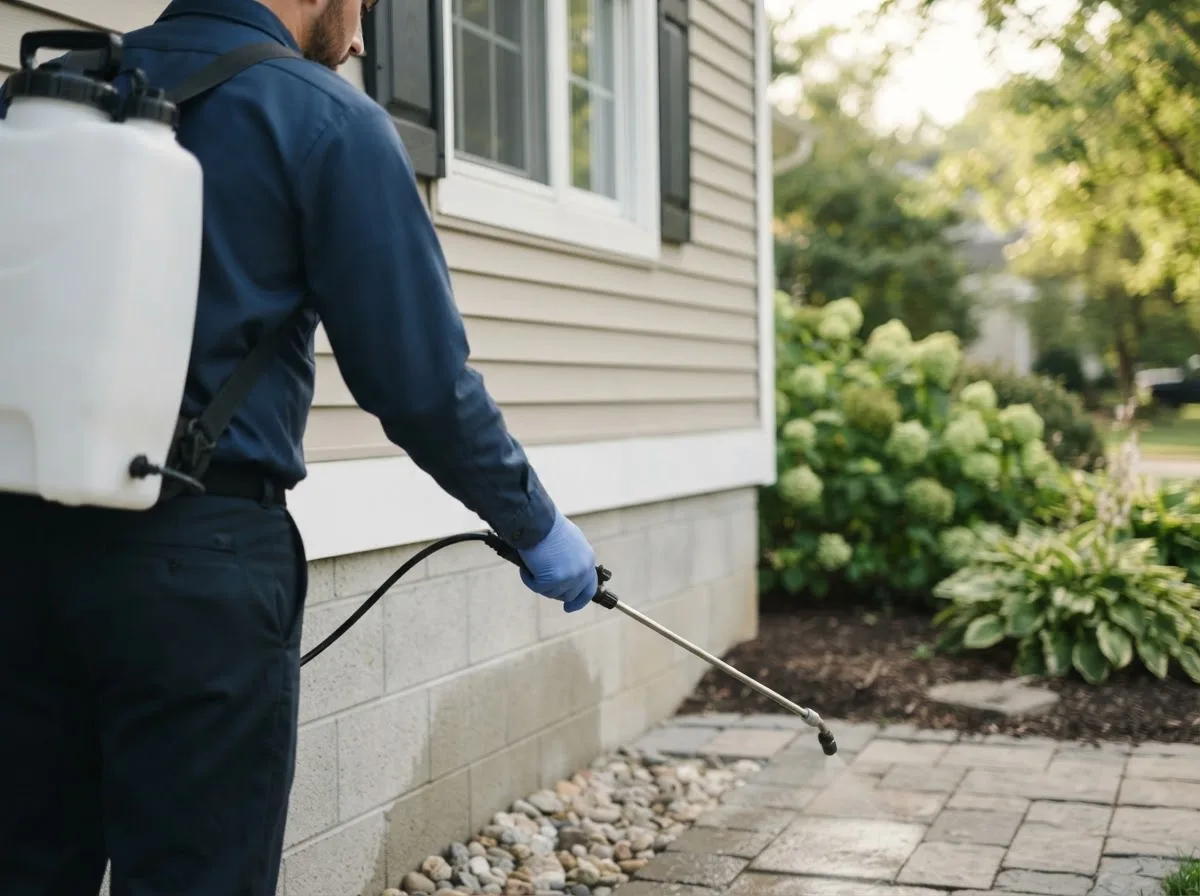 Pest control technician inspecting a home in New Concord, OH